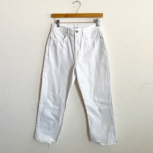 FRAME Le Hollywood High Waist Ripped Crop Straight Leg Jeans In Blanc Rips - Picture 4 of 11